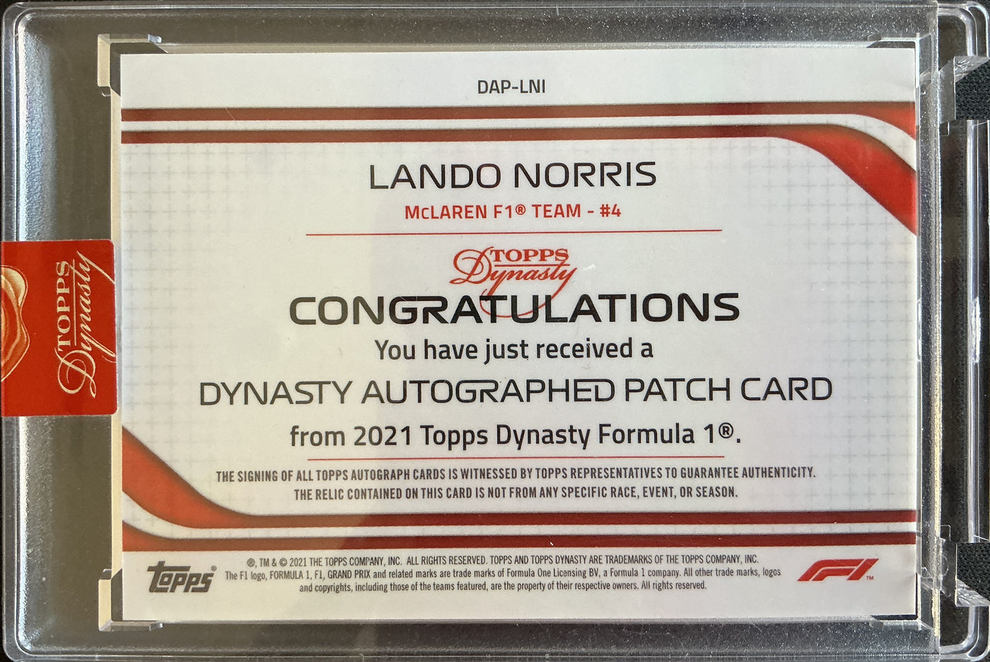 8/10 - Lando Norris - McLaren #4 - DAP-LNI - Autograph Patch - 2021 Topps Dynasty F1