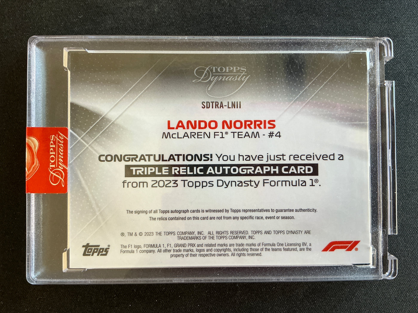 2/2 - Lando Norris #SDTRA-LNII - Triple Relic Autograph Card - 2023 Topps Dynasty F1