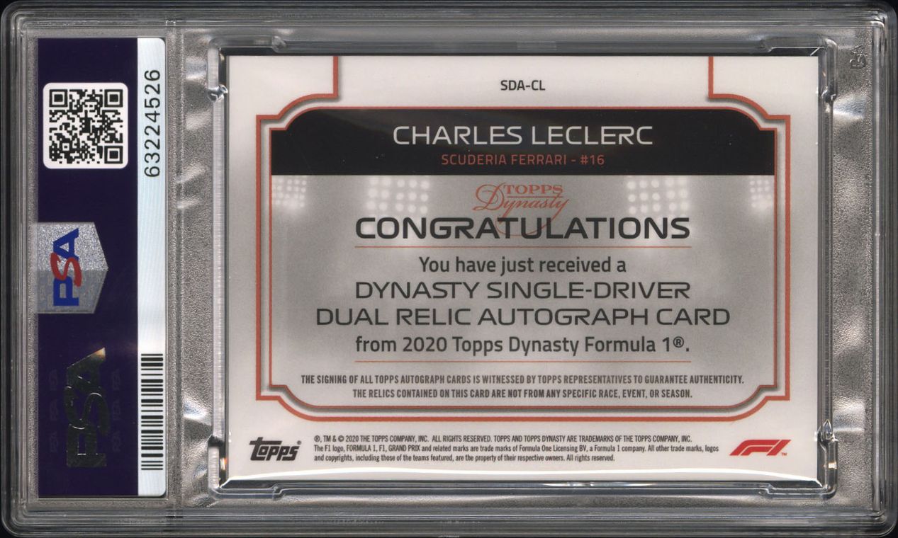 PSA 9 - /10 Charles Leclerc #CL - Dual Relic Auto - 2020 Topps Dynasty F1