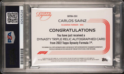 PSA 8 - /10 Carlos Sainz #SDTRA-CSII - Triple Relic Auto - 2022 Topps Dynasty F1