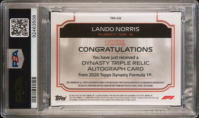 7/10 Lando Norris #4 - TRA-ILN - Auto Triple Patch - 2020 Topps Dynasty F1 - PSA 10&9