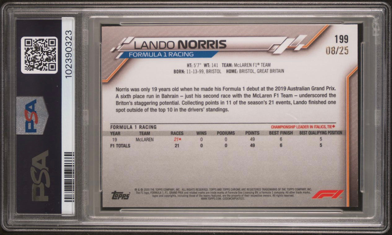 PSA 8 - /25 Lando Norris #199 - Sapphire - 2020 Topps Chrome F1 - Orange - Rookie Card