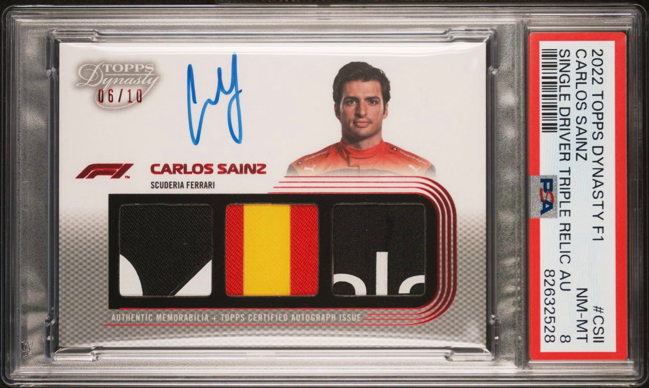 PSA 8 - 06/10 Carlos Sainz #SDTRA-CSII - Triple Relic Auto - 2022 Topps Dynasty F1