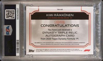 PSA 9&10 - /10 - Kimi Raikkonen #TRA-IKR Autograph Triple Relic 2020 Dynasty