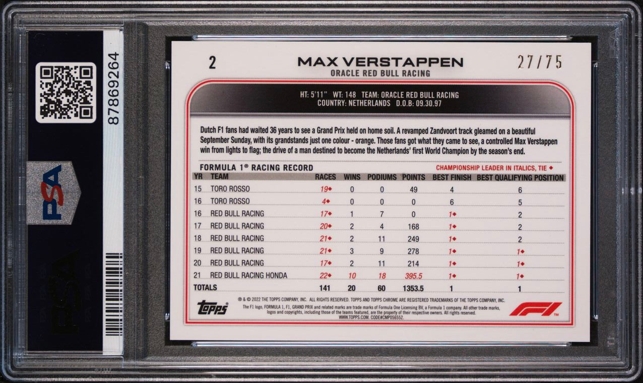 PSA 10 - /75 Max Verstappen #2 - Sapphire - SSP - 2022 Topps Chrome F1 - Green