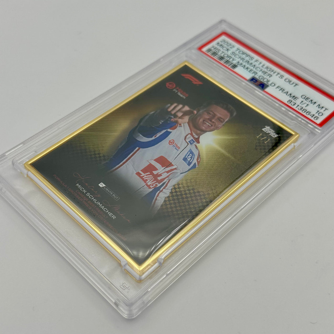 1/1 Gold Frame - Mick Schumacher - History Maker - 2022 Lights Out - PSA 10