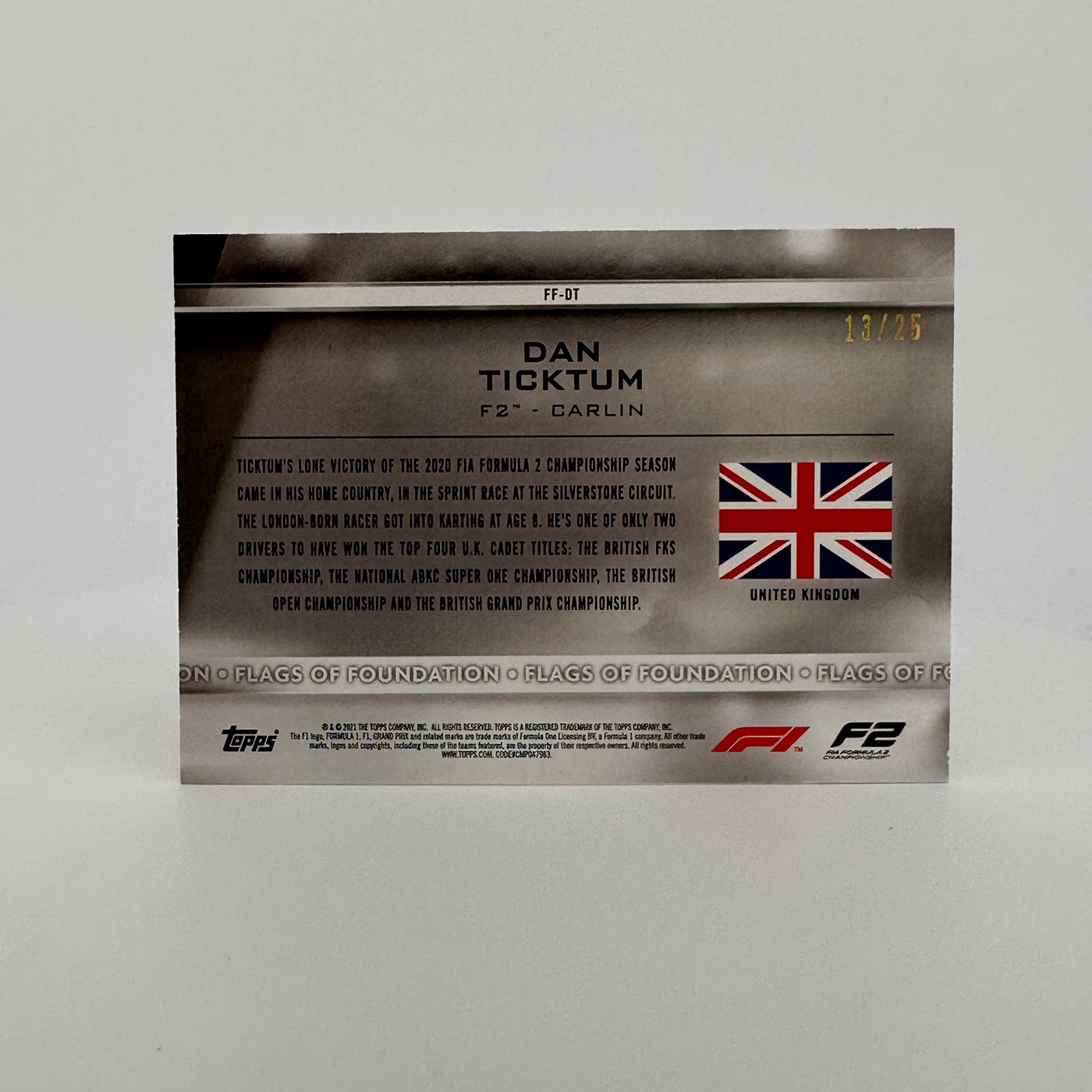 13/25 Orange - Dan Ticktum #FF-DT - 2021 Formula 1 - Flags of Foundation