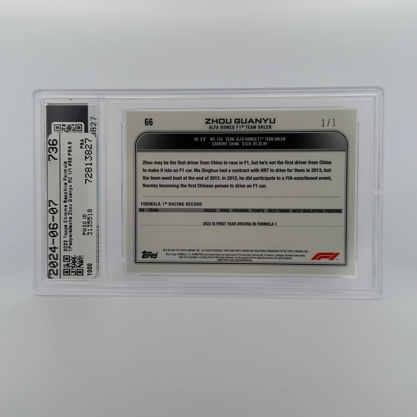 PSA 9 - 1/1 Padparadscha - Zhou Guanyu #66 - 2022 Chrome Sapphire