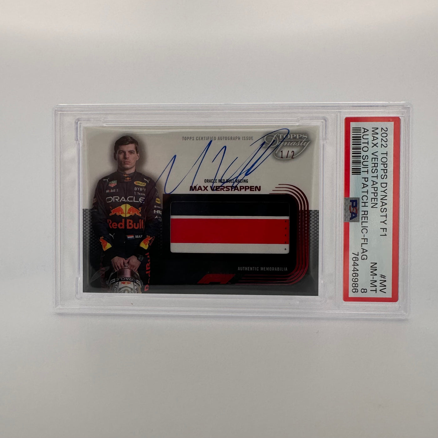 1/2 & 2/2 - Max Verstappen #MV - Auto Flag Patch - 2022 Topps Dynasty F1 - PSA 8