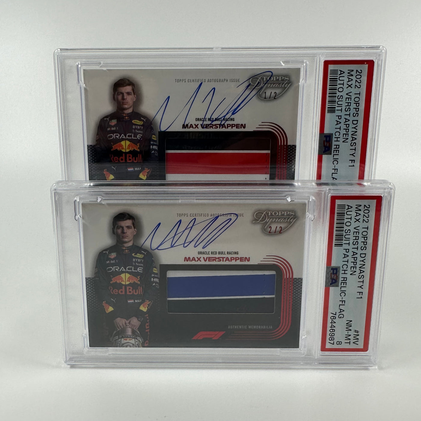 1/2 & 2/2 - Max Verstappen #MV - Auto Flag Patch - 2022 Topps Dynasty F1 - PSA 8