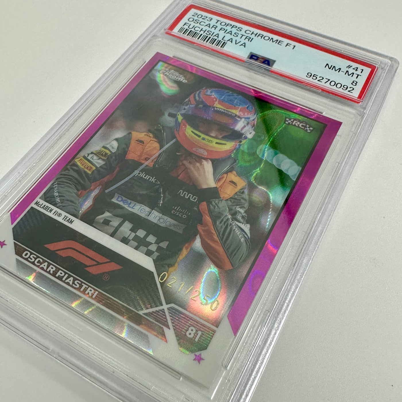 PSA 8 - 021/250 Oscar Piastri #41 - Fuchsia Lava - 2023 Topps Chrome F1 - Rookie Card