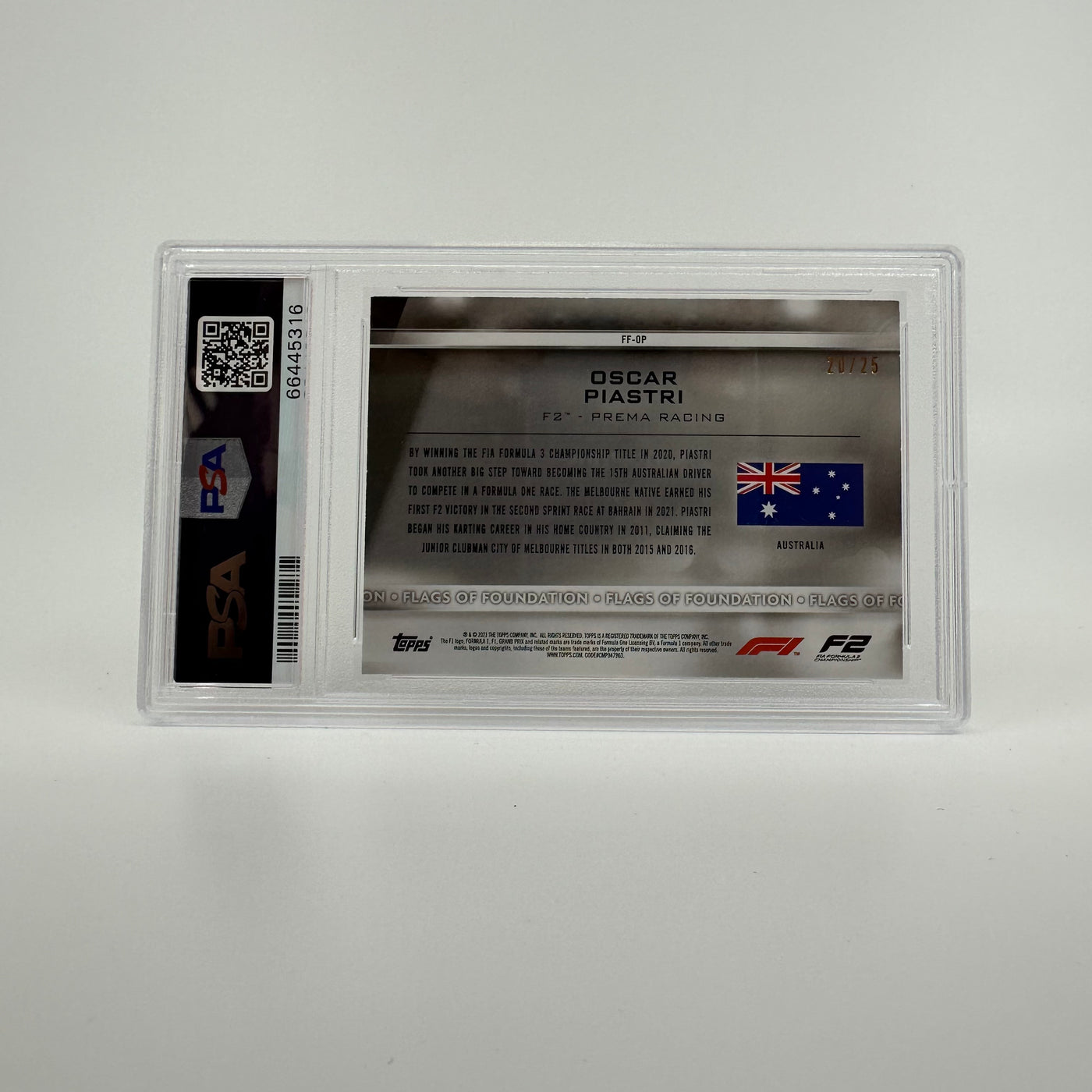 PSA 9 - 20/25 Oscar Piastri - Flags Of Foundation #FF-OP - Orange Parallel