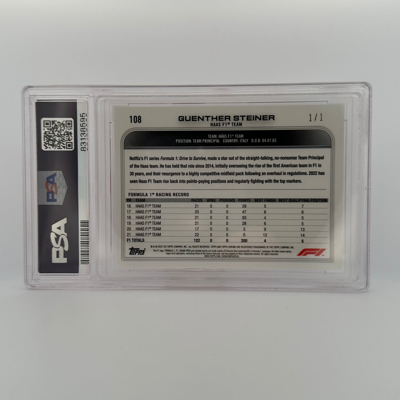 PSA 10 - 1/1 - 2022 Chrome Sapphire - Guenther Steiner #108 - Padparadscha