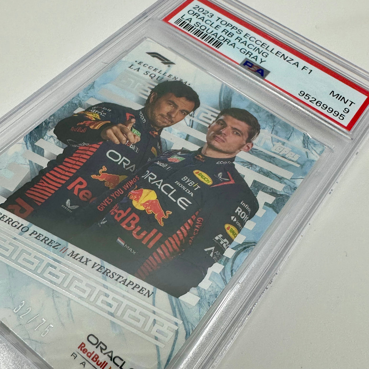 PSA 9 - 32/75 Verstappen/Perez - Gray - 2023 Eccellenza La Squadra