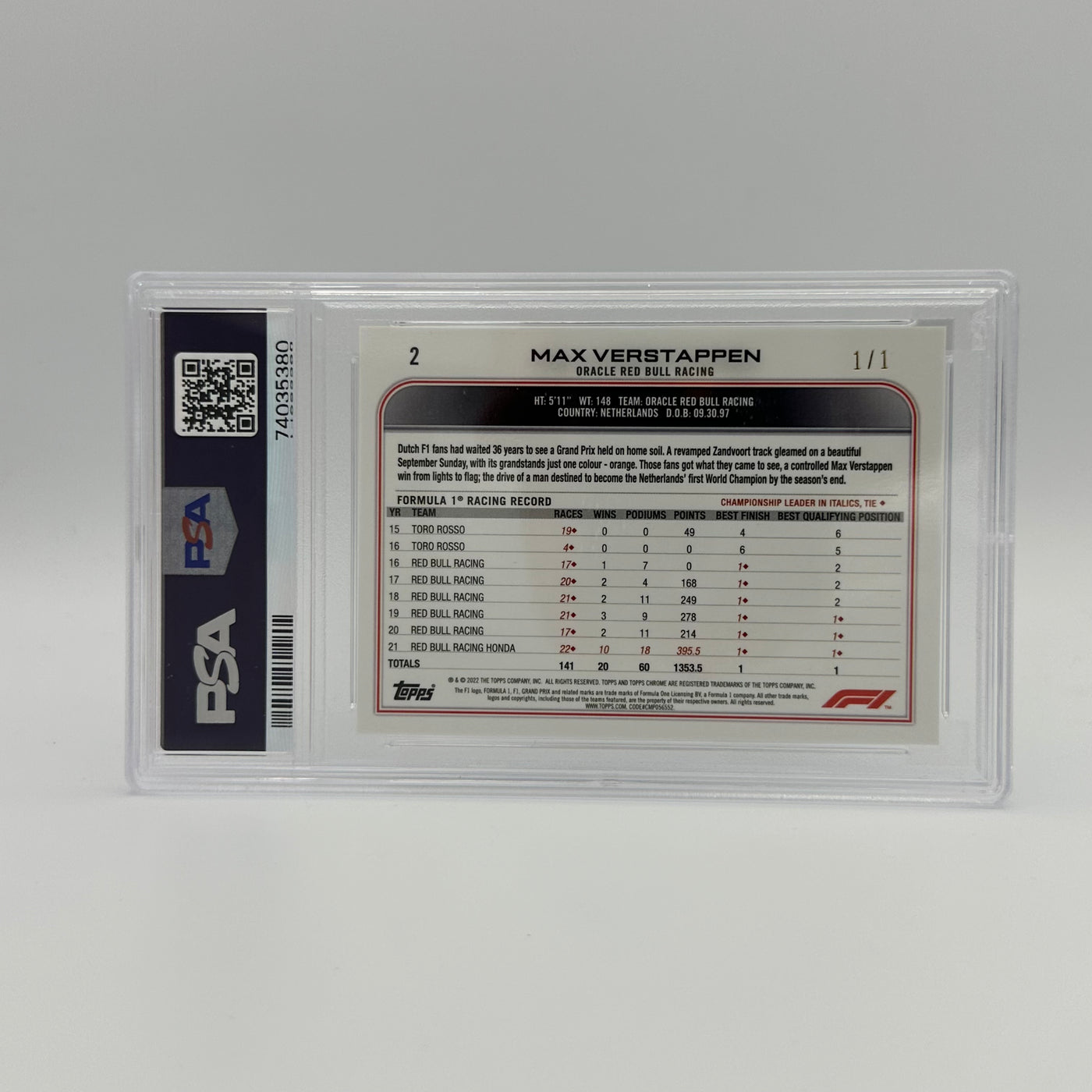 PSA 8 - 1/1 MAX VERSTAPPEN #2 - SAPPHIRE EDITION 2 - SSP - PADPARADSCHA